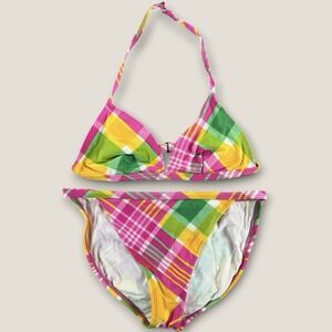 La Blanca Pink Green Plaid Bikini Set Size 10 Madras Halter Triangle Two Piece
